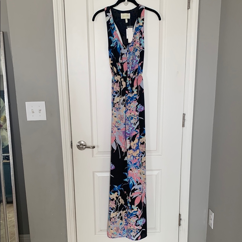 Yumi Kim Floral High Slit Maxi Dress with V-Neck and Open Back